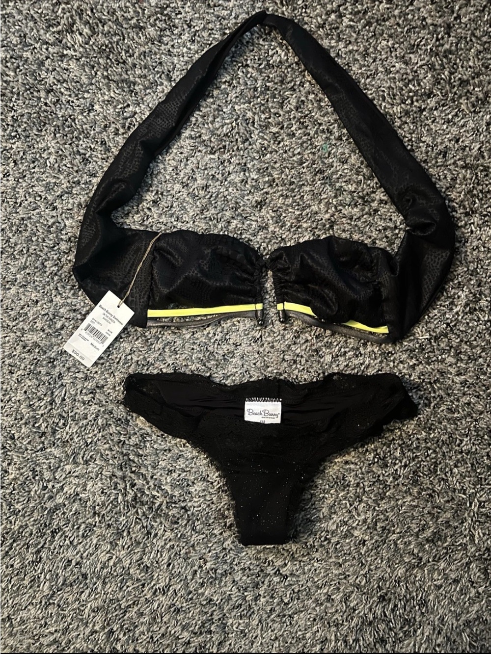 Beach Bunny Black Bandeau Halter Bikini with Neon Yellow Accent